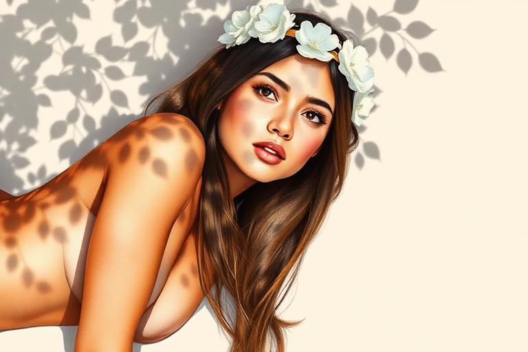 create a watercolor painting of an ethereal portrait of beautiful Native American woman with a simple white flower crown on her head. Her hair is long and she is lying on the ground. The sunlight on the trees casts shadows from the leaves on her face and body. The background is a neutral brown color that matches her skin tone. The image is minimalist and solid colors. This style is characterized by soft, delicate brushstrokes and a light, airy, contrasting color palette. High level of detail and play of light