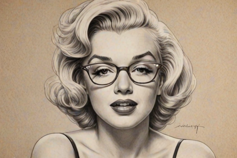 Ravishing Marilyn Monroe, pencil sketch, portrait of Splendid woman 1963s in glasses, hair style beatnik, outline, clear lines, fine lines, 8k