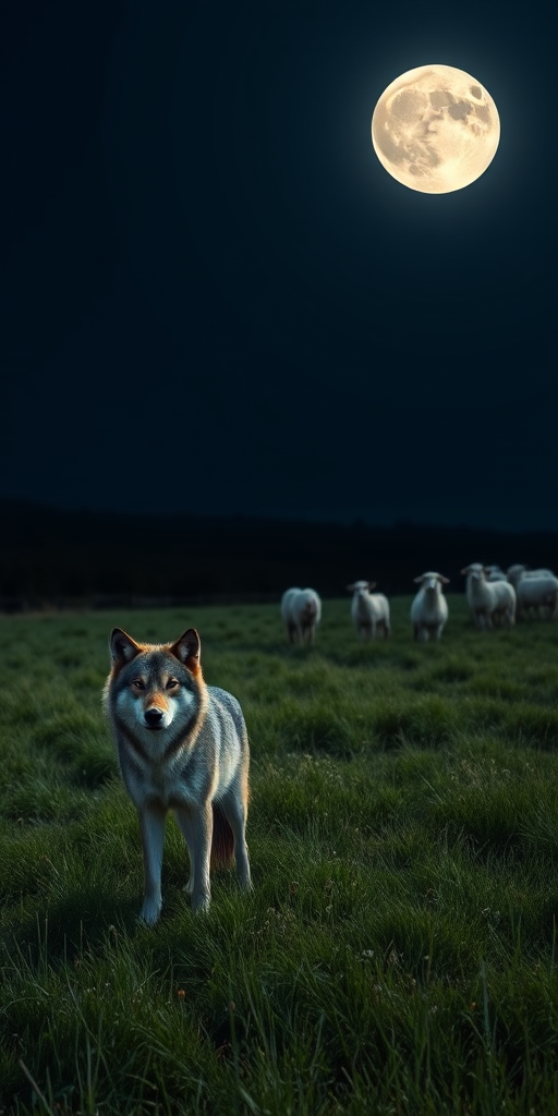 Create a nighttime landscape with a full moon illuminating a grassy field, featuring a wolf standing in the foreground and a group of white sheep in the background, captured with a DSLR camera at f/2.8, ISO 800, shutter speed 1/60 seconds, wide-angle lens, and in a high dynamic range style.