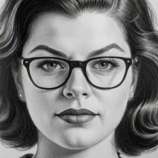 Dazzling Casey Wilson, pencil sketch, portrait of Resplendent woman 1937s in glasses, hair style beatnik, outline, clear lines, fine lines, 8k