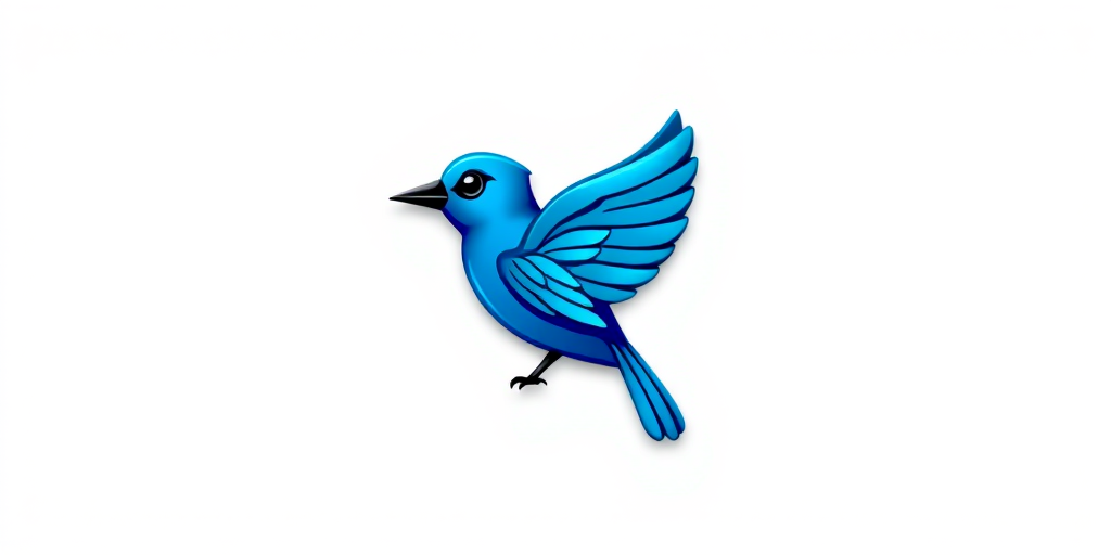Create an image of a vibrant blue bird, stylized as a logo, set against a clean white background with a glossy finish, taken with a DSLR camera at f/8 aperture, 50mm lens, ISO 100, using soft diffused lighting to enhance colors and details.
