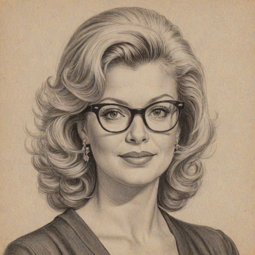 Bewitching Mary Hart, pencil sketch, portrait of Pleasing woman 1957s in glasses, hair style beatnik, outline, clear lines, fine lines, 8k