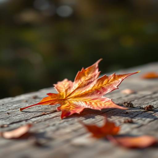 autumn maple leaf on weathered wooden surface shallow depth of field soft natural lighting f/2.8 1/100s ISO 100 50mm lens DSLR macro photography 35mm view