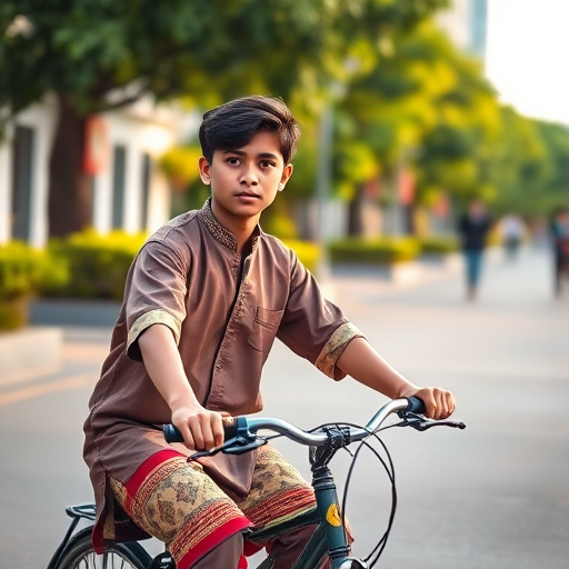 photograph of a young person riding a bicycle in a city setting, wearing traditional clothing, vibrant greenery in the background, early morning light, aperture f/2.8, shutter speed 1/500 sec, ISO 200, focal length 35mm, shot with a DSLR camera in portrait mode