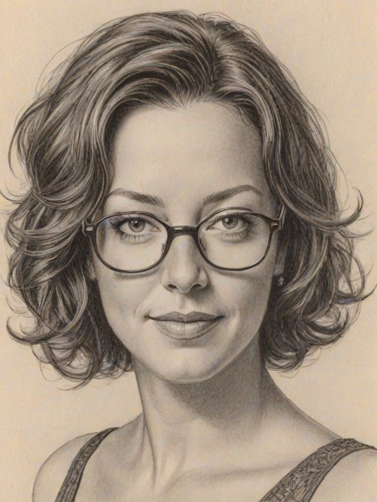 Charming Sarah McLachlan, pencil sketch, portrait of Enchanting woman 1959s in glasses, hair style beatnik, outline, clear lines, fine lines, 8k