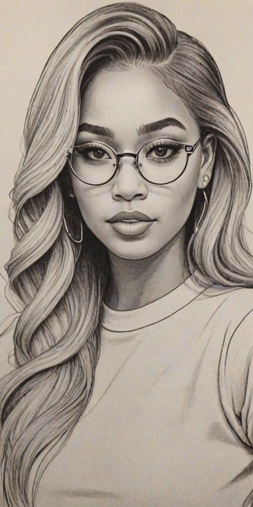 Fetching Jordyn Woods, pencil sketch, portrait of Alluring woman 1956s in glasses, hair style beatnik, outline, clear lines, fine lines, 8k