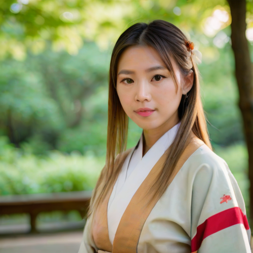 Portrait of a young woman with straight hair, wearing a traditional Japanese outfit, captured in a natural outdoor setting with soft lighting and a blurred green background.