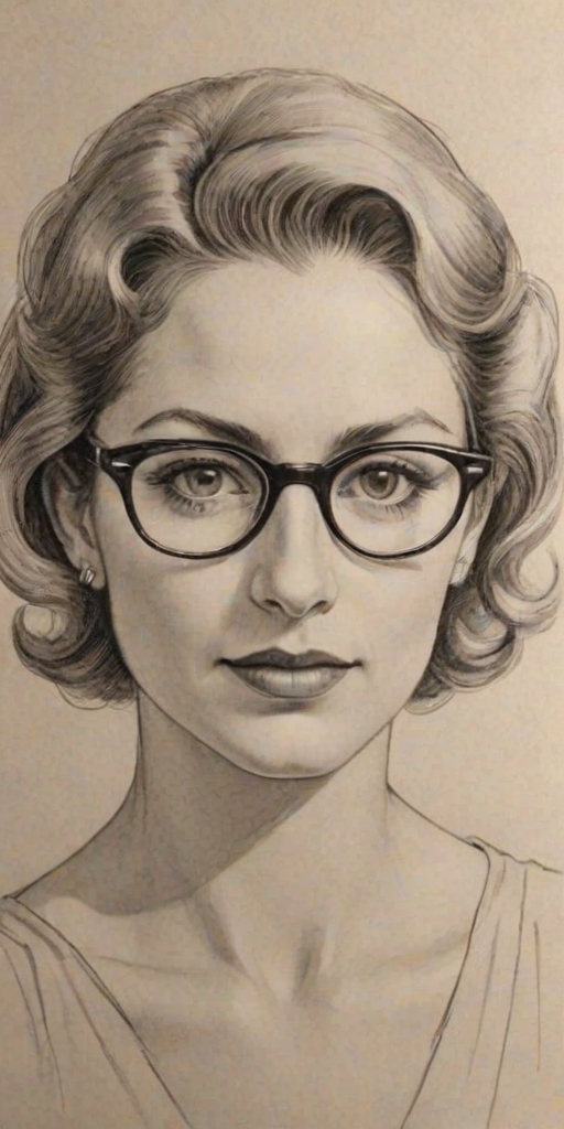 Comely Shoshannah Stern, pencil sketch, portrait of Dazzling woman 1931s in glasses, hair style beatnik, outline, clear lines, fine lines, 8k