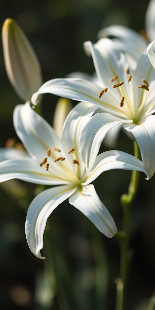 high-resolution close-up of white spider lilies with intricate details, soft focus background, natural lighting, ISO 100, f/2.8, 50mm lens, DSLR camera