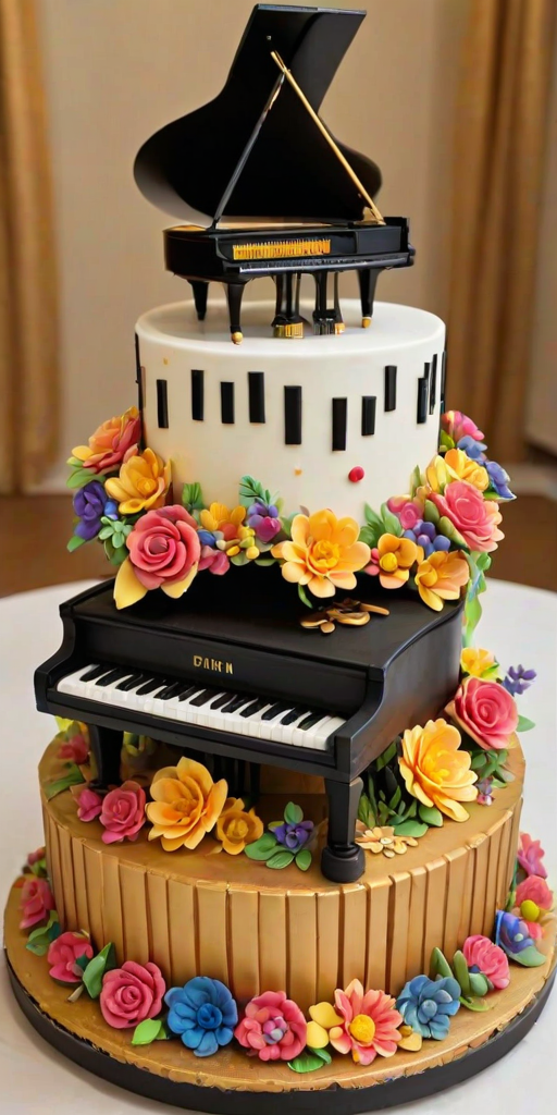 Create an image of an elaborate cake designed to look like a grand piano, decorated with colorful flowers, musical notes, and various musical instruments. The cake should have a rich, detailed appearance with a golden base, surrounded by a warm, inviting setting filled with books and art supplies.