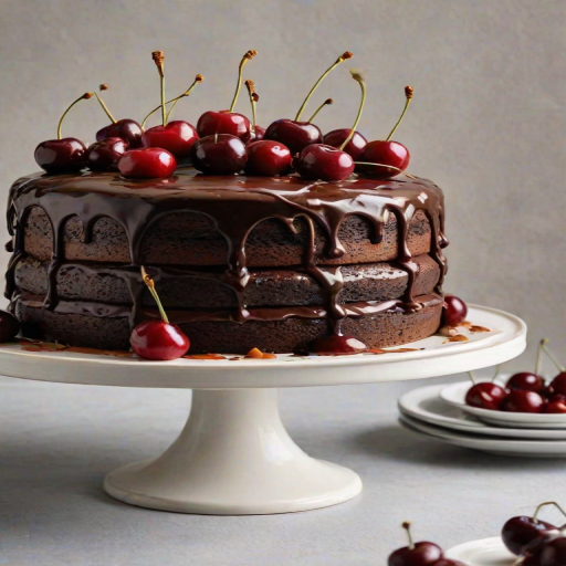 Create an image of a three-layer chocolate cake with rich chocolate ganache on top, adorned with fresh cherries. The layers should be filled with whipped cream and a layer of cherry filling in between. The cake should be presented on a simple white cake stand against a bright, neutral background.