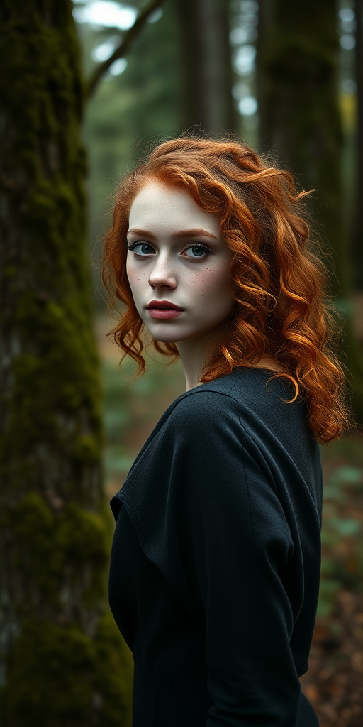 portrait of a young woman with curly red hair and freckles, standing near a moss-covered tree in a forest, soft natural lighting, camera settings: f/2.8, 1/125 sec, ISO 200, camera view: eye level, camera style: shallow depth of field, camera type: DSLR