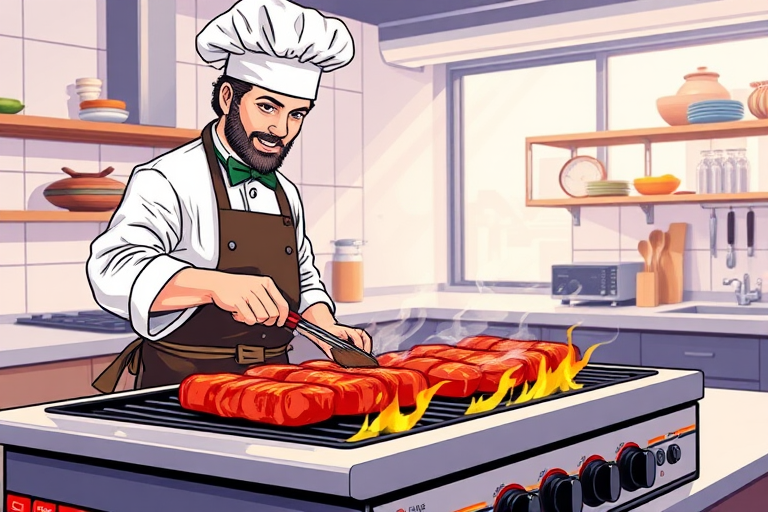 Create an illustration of a chef grilling meat on a flat top grill in a bright kitchen setting, using a DSLR camera with a 50mm lens, aperture set at f/2.8, ISO 100, and a slight overhead angle to capture the sizzling effect and vibrant colors.