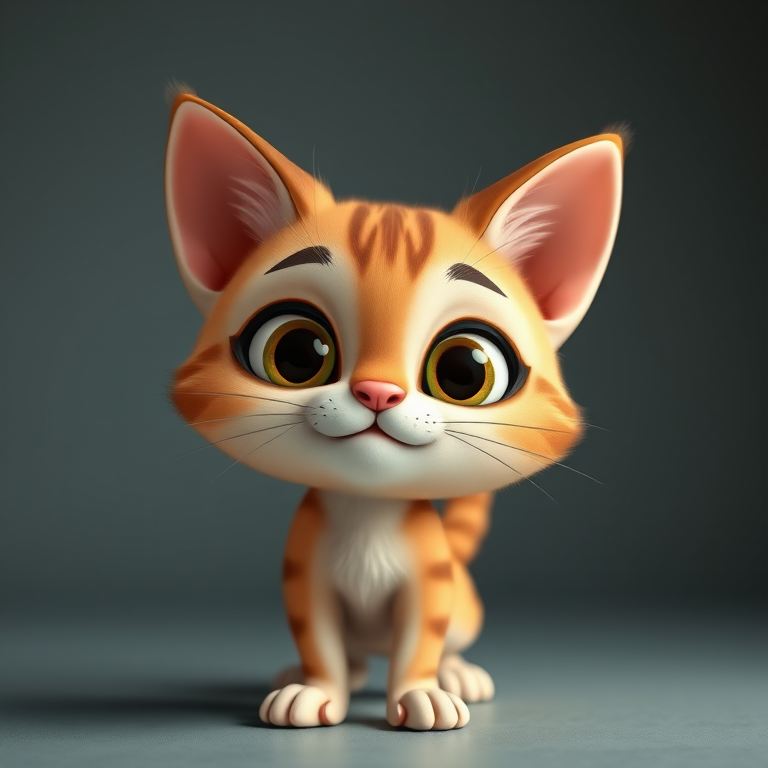 Generate a cute cartoonish cat character with exaggerated facial features, in a playful pose, using high-resolution settings, with a focus on clarity and detail, captured from a wide-angle view using a digital SLR camera, at f/2.8 aperture, ISO 100, and a 50mm lens.