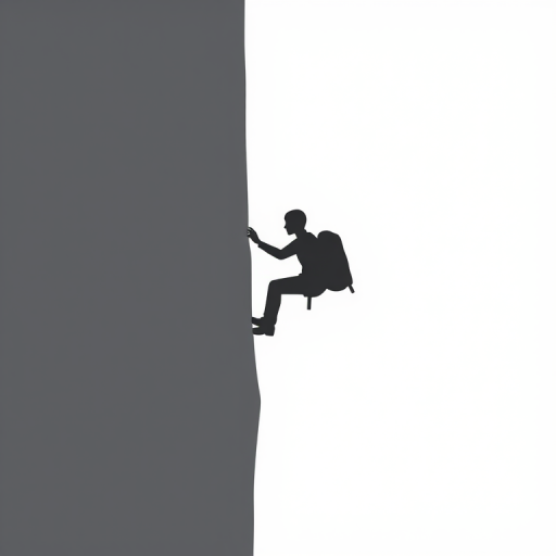 Create a minimalist icon of a climber ascending a vertical surface, using a clean black and white color scheme, with high contrast, shot with a DSLR camera at f/8 aperture, 1/500 sec shutter speed, ISO 100, in a high-resolution view and sharp clarity.