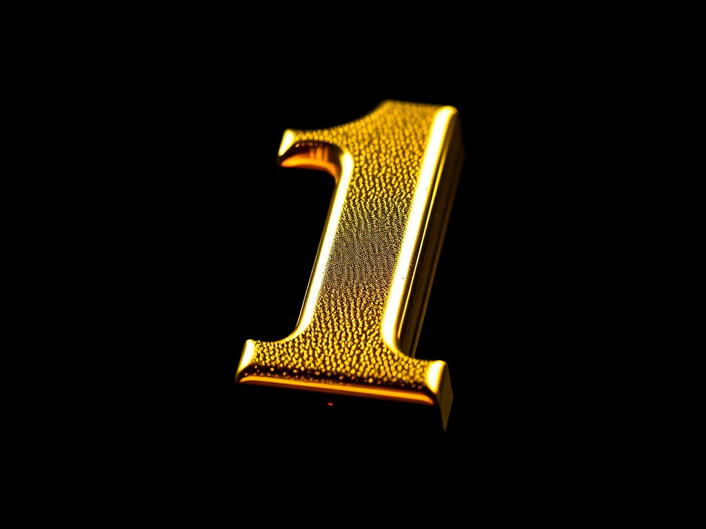 Create a high-resolution image of a shiny golden number 1 with a glossy texture, shot with a Canon EOS R5 at f/2.8, ISO 100, 50mm lens, using a macro style and front view for enhanced clarity and detail.