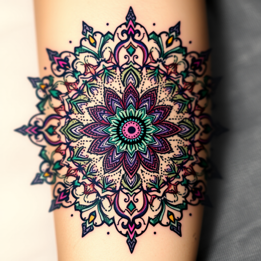 Ornate mandala tattoo bursting with intricate patterns and symmetrical designs, incorporating delicate dotwork shading and vibrant jewel tones of sapphire, emerald, and amethyst for a mesmerizing effect
