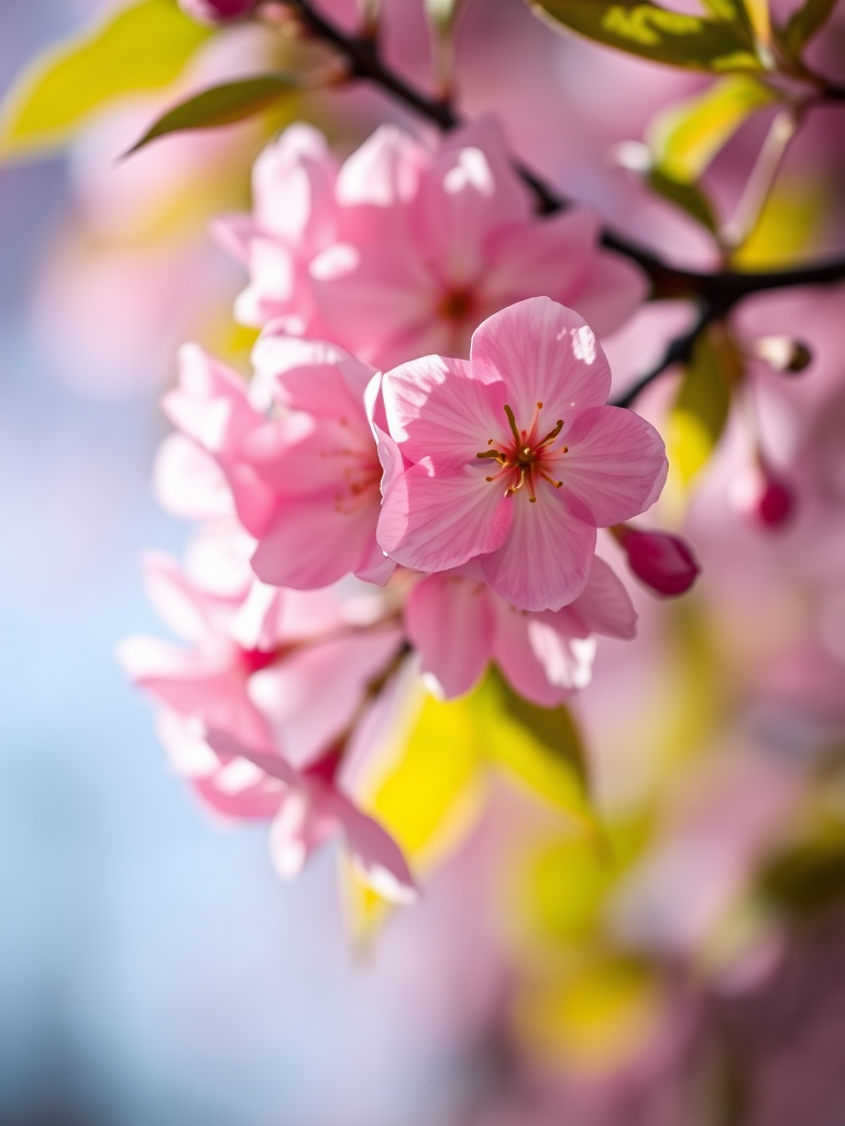 capture a close-up of cherry blossoms in soft focus with vibrant pink hues and a blurred background, using a Canon EOS 5D Mark IV, f/2.8, 50mm lens, ISO 200, in natural light with a shallow depth of field for enhanced colors and details