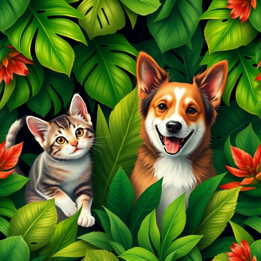 Create a seamless pattern of a playful cat and a friendly dog surrounded by lush green tropical leaves, using a high-resolution digital illustration style, shot with a DSLR camera at f/8 aperture, 50mm lens, natural light to enhance detail and vibrancy.