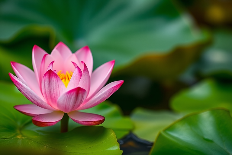 Capture a close-up of a pink lotus flower on a green lily pad with a shallow depth of field, using a DSLR camera with a 50mm f/1.8 lens, aperture set to f/2.8, ISO 100, and a soft natural light setting.