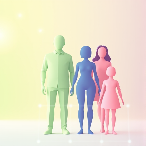 Generate a high-resolution vector-style image of four stylized human figures representing a family, with a gradient color scheme from green to blue to pink, capturing a full-body view with a soft focus background, using a digital camera with a 50mm lens, f/2.8 aperture, ISO 100, and natural lighting.