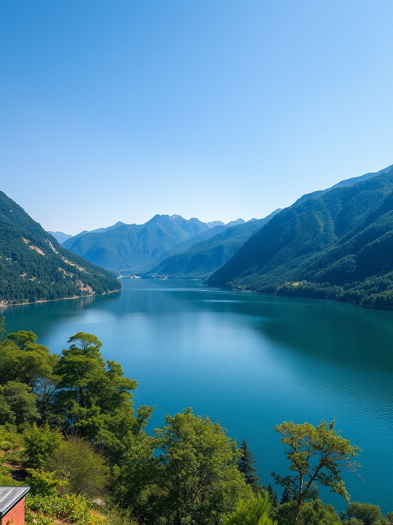 Create a high-resolution digital illustration of a serene landscape featuring a calm lake surrounded by lush green mountains under a clear blue sky, captured with a Canon EOS R5 at 24mm focal length, f/8 aperture, ISO 100, using a wide-angle lens to enhance depth of field and clarity, in vibrant colors.