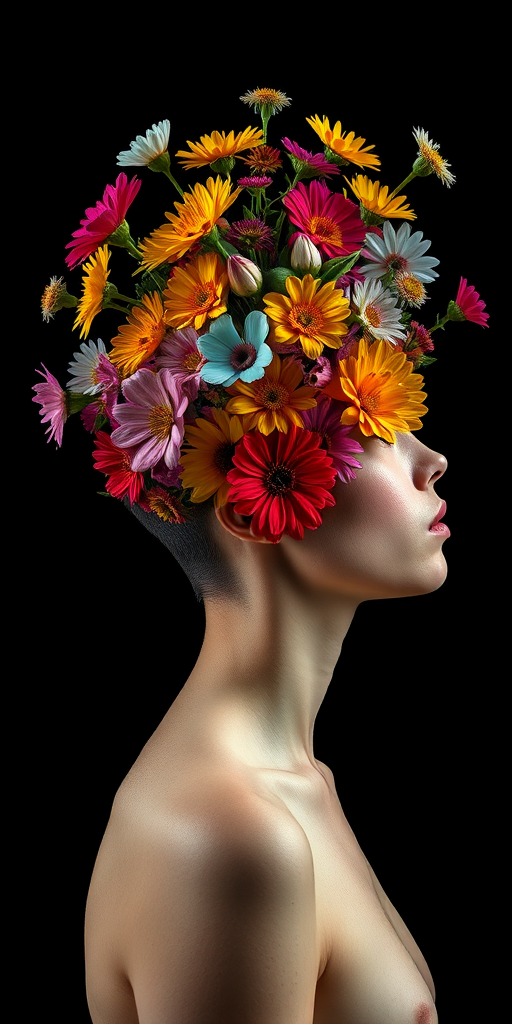 Create a surreal portrait of a person in profile with their head bursting into a vibrant array of colorful flowers, use a soft focus with an aperture of f/1.8, a shutter speed of 1/60s, ISO 200, shot with a Canon EOS R5, natural lighting for a dramatic effect, against a black background.