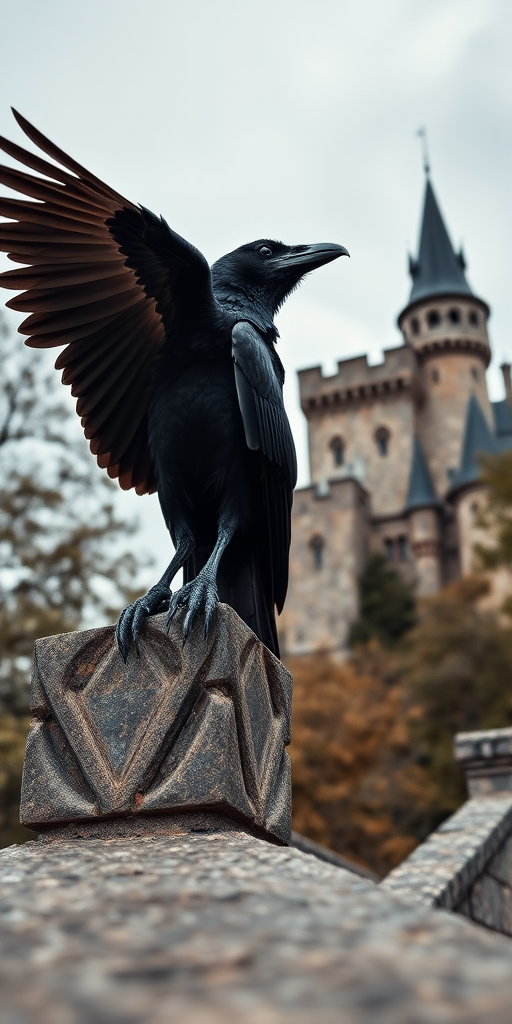 a majestic raven perched on a stone wall with a castle in the background, overcast sky, enhanced details, camera settings: ISO 400, f/5.6, 1/250s, camera view: low angle, camera style: HDR, camera type: DSLR