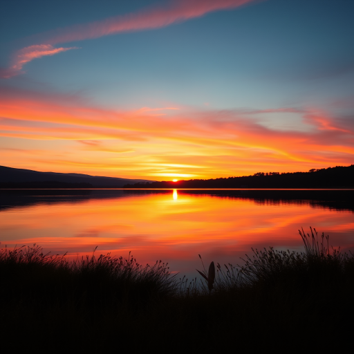 Create a vibrant sunset over a tranquil lake with reflections in the water, use a Canon EOS R5, 50mm lens, f/1.8 aperture, ISO 100, 1/200 sec shutter speed, shot in landscape orientation for maximum detail and color saturation.