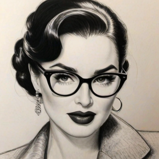 Gorgeous Dita Von Teese, pencil sketch, portrait of Fascinating woman 1963s in glasses, hair style beatnik, outline, clear lines, fine lines, 8k