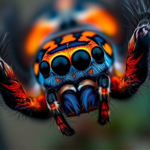 close-up macro shot of a vibrant, detailed spider with a textured blue and orange body, photographed using a Canon EOS 5D Mark IV with a 100mm f/2.8L macro lens, aperture set to f/8, ISO 200, shutter speed 1/200 sec, with a shallow depth of field and soft bokeh background to enhance texture and clarity