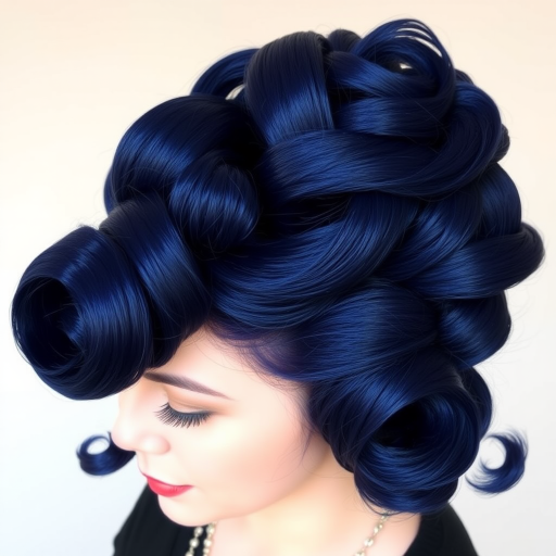 Deep sapphire blue locks styled in a voluminous, retro-inspired bouffant with victory rolls, channeling vintage glamour in the "Midnight Starlet" hairstyle