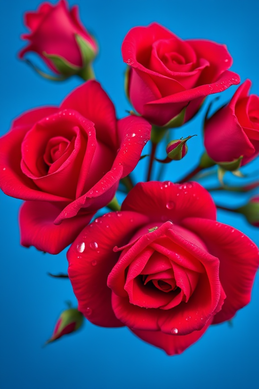 high-resolution floral pattern of red roses with dewdrops on petals, vibrant blue background, detailed close-up view, aperture f/4, shutter speed 1/125s, ISO 100, macro lens, DSLR camera