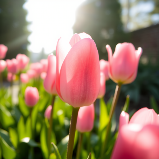 Close-up of pink tulips in a garden with soft sunlight filtering through, shallow depth of field, aperture f/2.8, ISO 100, 50mm lens, DSLR camera, natural lighting.