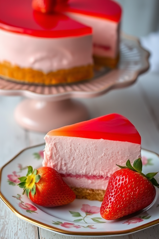 A slice of strawberry mousse cake on a decorative plate with a whole strawberry beside it and a blurred background of the cake on a stand. The cake has a smooth pink mousse layer and a glossy red jelly topping.