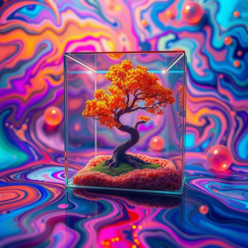 Create a vibrant surreal landscape featuring a glass cube with an orange tree inside, surrounded by swirling colorful liquid patterns and luminescent orbs, shot with a Canon EOS R5, 24mm lens, f/1.8, ISO 100, in a soft focus style for enhanced depth and vivid colors.