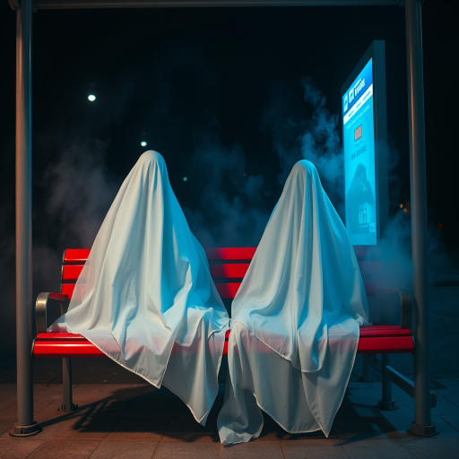 Create an eerie nighttime scene of two ghostly figures draped in translucent white fabric sitting on a vibrant red bench at a bus stop, fog swirling around them under dim blue lighting, shot with a Canon EOS R5, 35mm lens, f/1.8 aperture, ISO 800, 1/60s shutter speed, in a cinematic style with a low-angle view for dramatic effect.