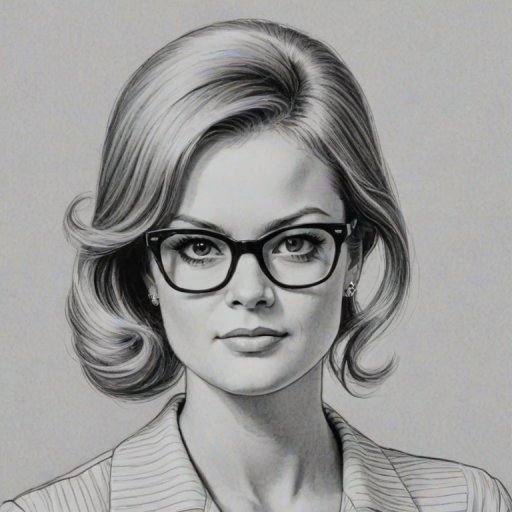 Appealing Kelsey Grammer, pencil sketch, portrait of Captivating woman 1960s in glasses, hair style beatnik, outline, clear lines, fine lines, 8k