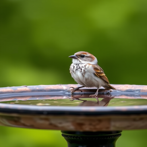 A close-up shot of a sparrow perched on the edge of a birdbath with a blurred green background, taken with a Canon EOS R5, 85mm lens, f/1.8 aperture, 1/200s shutter speed, ISO 200, natural light.