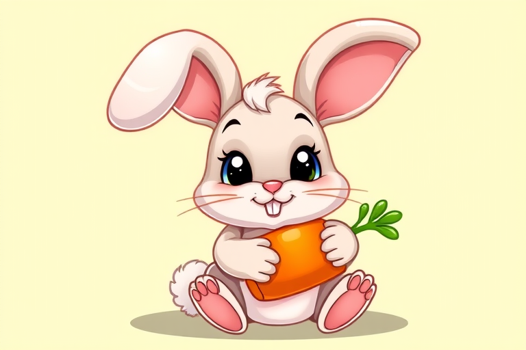 Create a cute cartoon rabbit holding a carrot, vibrant colors, bright background, 50mm lens, f/4 aperture, ISO 100, shot in natural light, front view, digital illustration style.