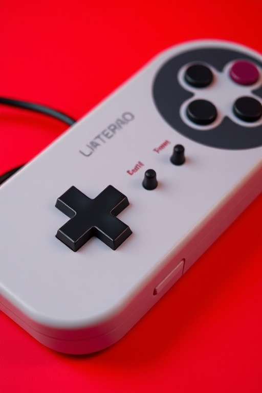 Create a high-resolution image of a classic video game controller on a vibrant red background, using a DSLR camera at f/2.8, ISO 100, 1/125s, with a macro lens to capture fine details.