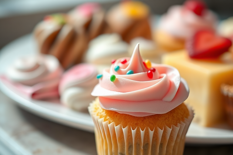 Close-up of a delicate cupcake decorated with colorful frosting, soft natural light highlighting the details, with a plate of assorted desserts softly blurred in the background.