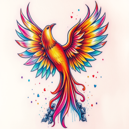 Vibrant watercolor "Prismatic Phoenix" tattoo design featuring a resplendent bird rising from ashes with iridescent feathers and flowing rainbow hues blending seamlessly across the skin creating an ethereal and dynamic appearance