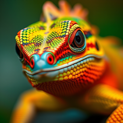 Regenerate a close-up portrait of a vibrant, colorful lizard with intricate scales and intense eyes, using a Canon EOS R5 camera, 85mm lens at f/1.4, shooting from a 45-degree angle with soft diffused lighting.