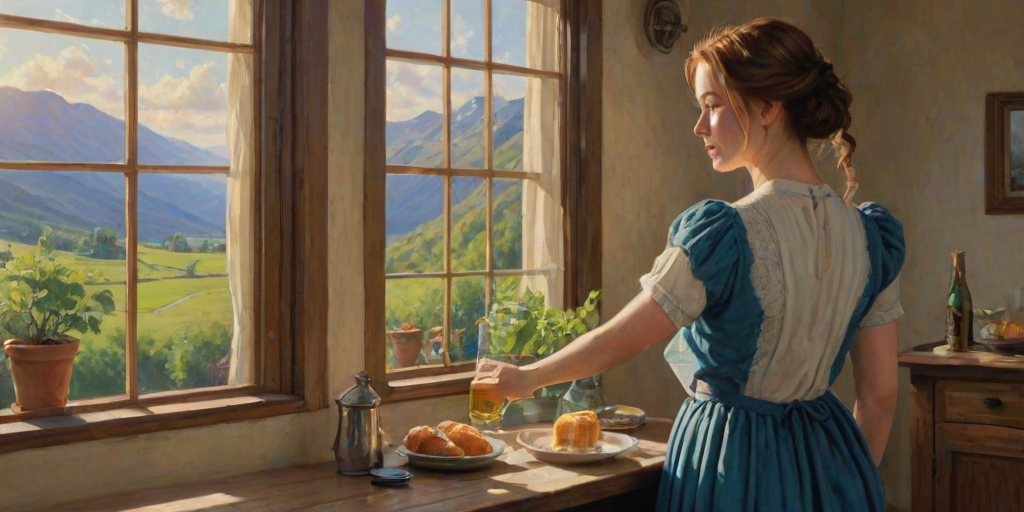 In "A Glass of Beer on the Highland," a serene scene is depicted in a sunlit room where a woman in a vibrant blue dress stands by a large window. She holds a tray with a hearty meal and a frothy glass of beer, embodying a moment of relaxation. Outside, the breathtaking highland landscape features rolling green hills and a charming traditional house, all bathed in warm afternoon light. The interior is adorned with potted plants, creating a harmonious blend of comfort and nature. The painting beautifully captures the tranquility and joy found in simple pleasures amidst stunning scenery