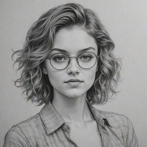 Resplendent Camren Bicondova, pencil sketch, portrait of Radiant woman 1973s in glasses, hair style beatnik, outline, clear lines, fine lines, 8k
