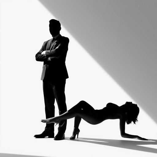 Generate a high-contrast silhouette image of a man in a suit standing with arms crossed next to a woman in a bikini reclining, using a DSLR camera with a 50mm lens, aperture f/1.8, ISO 100, in natural lighting for sharp detail and a minimalist background.