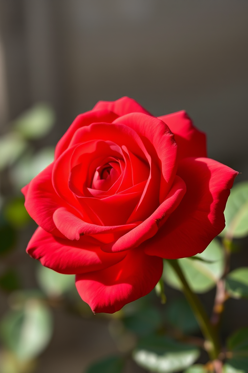 Regenerate the image of a red rose with a smooth texture and sharp details using a Canon EOS R camera, 50mm lens, f/2.8 aperture, ISO 100, shot at a slight angle with natural light for enhanced vibrancy.