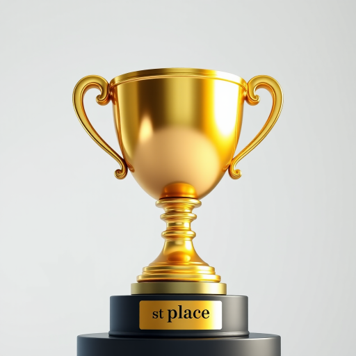 Generate a highly detailed 3D golden trophy on a black pedestal with "1st place" engraved, soft studio lighting, 50mm lens, f/1.8 aperture, ISO 100, shot from a low angle to emphasize height and grandeur, using a DSLR camera for professional quality.