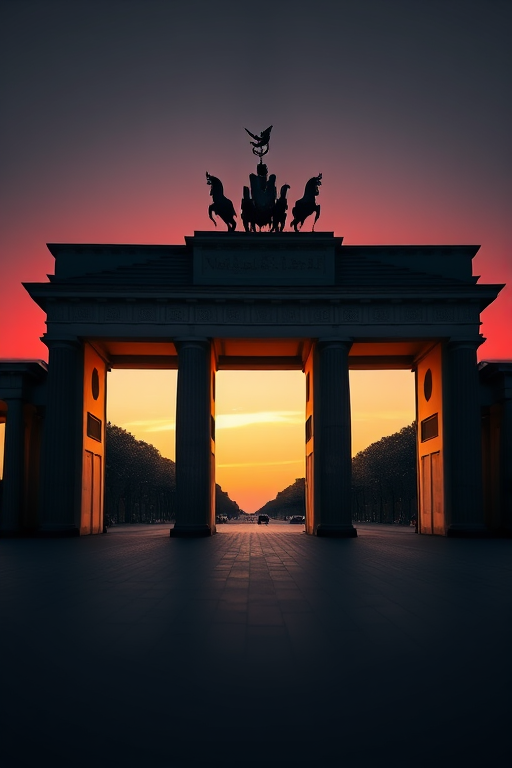 Create a high-resolution image of the Brandenburg Gate silhouette on a textured background featuring the German flag colors, using a Canon EOS 5D Mark IV with a 50mm lens, f/2.8 aperture, ISO 100, and a slightly blurred background for depth.